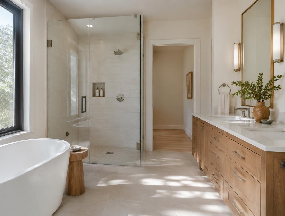 A remodeled bathroom with a glass shower and wood vanity