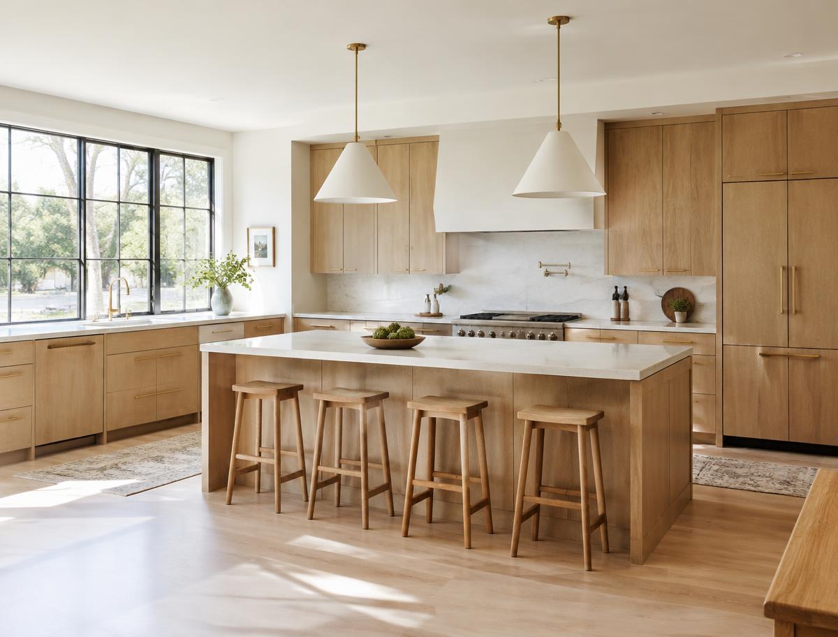 A newly renovated kitchen with oak cabinets and a large island